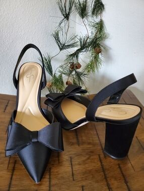 Jessica Simpson Naomia3 Nekira Black Satin Bow Slingback Heels NWOB